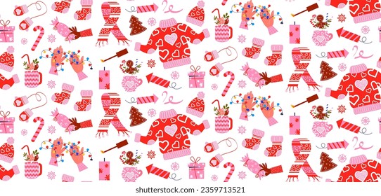 Seamless pattern of New Year's clothes. Vector background with New Year elements in flat style.