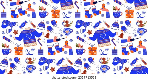Seamless pattern of New Year's clothes. Vector background with New Year elements in flat style.