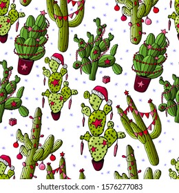 Seamless pattern of New Year's decorated cacti.	