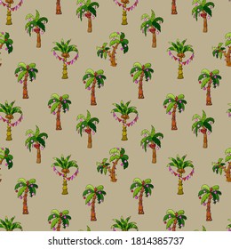 Seamless pattern of New Year's decorated palms. Exotic Christmas. Winter in hot countries.