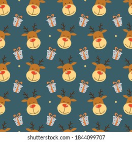 Seamless pattern with New Year's deer and gifts. Christmas design.