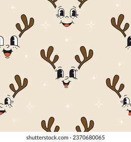 Seamless pattern with New Year's deer, star. Backgrounds in trendy retro style. Hippie 60s, 70s style. Vector illustration.