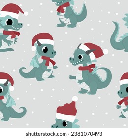 Seamless pattern with New Year's dragons in Santa Claus hats. Vector illustration.