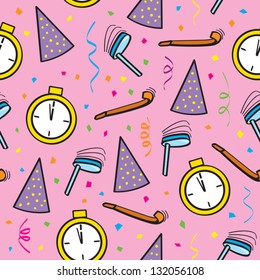 A seamless pattern of New Year's Eve party objects.