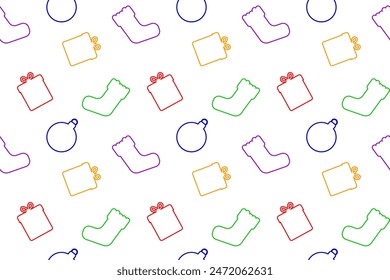 A seamless pattern for New Year's Eve and Christmas. Sketch of fabric, cover, packaging. Christmas elements in linear style on white background. Vector illustration 