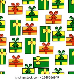 Seamless pattern with New Year's gifts. Gift box pattern in green, yellow and orange. Cristmas presents.