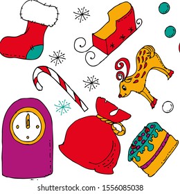 Seamless pattern. New Year's gifts. Deer, sleigh, staff, sock. Cake and clock. Snowflakes.
