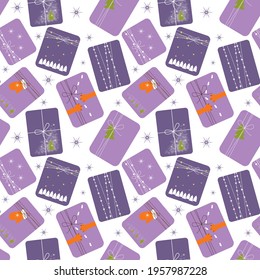 Seamless pattern with New Year's gifts, gift wrapping with decor elements, on a white background, for a background, backdrop, banner, packaging, textiles.