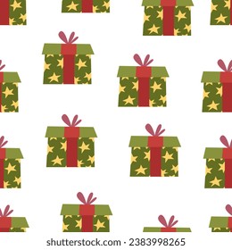 Seamless pattern with New Year's gifts. Vector illustration of New Year boxes in flat style. New Year's print.