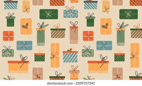 Patrón sin fisuras con los regalos del año Nuevo en estilo retro. Anuncio Horizontal con patrón de repetición del año Nuevo. Veсtor