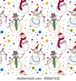 Seamless pattern with New Year's hand drawn snowmen in Christmas caps and scarfs, with garland and bird, abstraction, circles and confetti. Christmas element, background, design. Vector illustration.