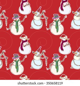 Seamless pattern with New Year's hand drawn snowmen in Christmas caps and scarfs, with garland and bird. Christmas element, background, design. Vector illustration.