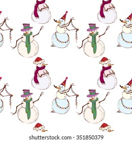Seamless pattern with New Year's hand drawn snowmen in Christmas caps and scarfs, with garland and bird. Christmas element, background, design. Vector illustration.