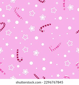 Seamless pattern, New Year's holiday design wrap. Candy Cane, snowflakes on a pink background. Illustration for textile, paper, fabric. Vector