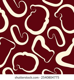 seamless pattern with New Year's icons, namely with a New Year's sock, candy and Santa Claus on a dark red background