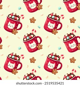 Seamless pattern New Year's mug of hot chocolate decorated with a cat with marshmallows and gingerbread. Vector.