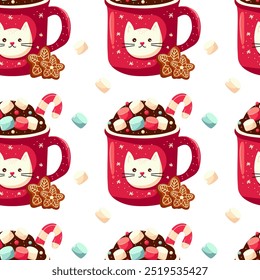 Caneca de chocolate quente do Ano Novo sem costura decorada com um gato com marshmallows e pão de gengibre. Vetor.