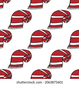 Seamless pattern with new Year's red and white scarf on white background. Vector image.
