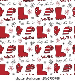 Seamless pattern with new Year's red and white mitten, snowflakes, scarf, boot, text Winter on white background. Vector image.
