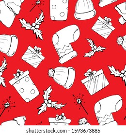 Seamless pattern. New Year's sock, gift, mistletoe, hat, sparkler on a red background. Vector. Doodle style. Can be used for decoration of cards, invitations. Designer t-shirts, mugs, gifts. Fabric