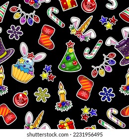 Seamless pattern New Year's stickers. Isolate on a black background. Vector illustration.