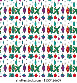 Seamless pattern. New Year's toys. Christmas tree, candles, balls and icicles. Snowflakes.