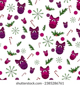 Seamless pattern of New Year's toys with green fir branches, candies, snowflakes and berries, suitable for cards, prints, banners, wrappers, design, textiles. Vector illustration, Eps 10.