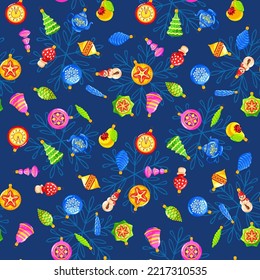 Seamless pattern from New Year's vintage Christmas tree decorations. Decor for holiday wrapping paper, backgrounds and cards
