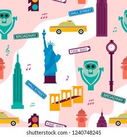 Seamless pattern with New York landmarks. Editable vector illustration