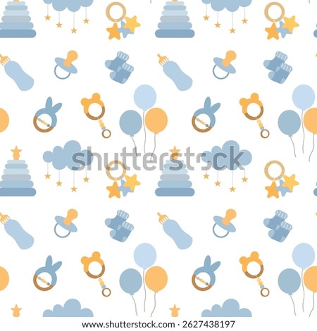 Seamless pattern with newborn accessories. Baby care items, booties, toys, milk bottles and rattles, pacifier. Maternity and childhood things. It's a boy. Vector pattern in flat style.