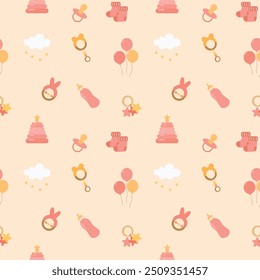Seamless pattern with newborn accessories set for girl. It's a girl. Booties, toys, milk bottle and rattles, pacifier. Maternity and childhood things. Vector pattern in flat style, pastel color.