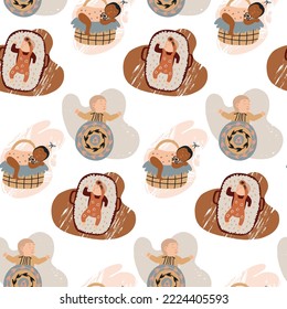Seamless pattern newborn babies. Baby Shower Scandinavian pastel wallpaper. Textile fabric design for kids. Flat bohemian vector neutral background paper