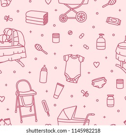 Seamless pattern with newborn baby care products, nursery supplies or tools for infant child drawn with contour lines on pink background. Monochrome vector illustration in modern lineart style