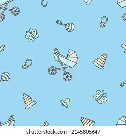 Seamless Pattern Newborn baby stroller and rattles. Vector illustration background wallpaper
