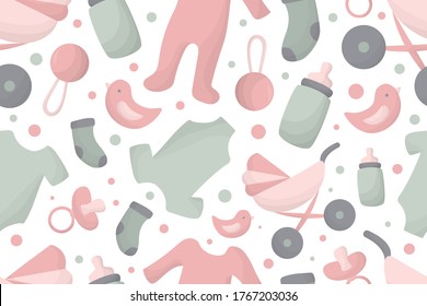 Seamless pattern with newborn baby stuff. Endless texture. Background for web site, blog, package, wallpaper or wrapping paper. Toys, clothes, icons, symbols of childhood and maternity.