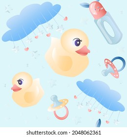 Patrón sin brillo para un recién nacido de colores azules. Pato lindo, botella de leche y pacificador, nube mágica suave con estrellas y corazones. Ilustración vectorial al estilo infantil de dibujos animados