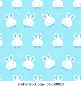 Seamless pattern for newborn. Bunny boy on a blue background.