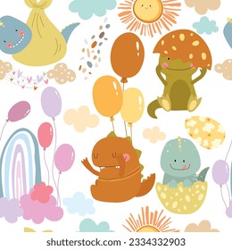 Seamless pattern with newborn dino, eggs, balloons, clouds, sun. Vector illustration.