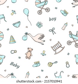 Seamless Pattern Newborn icons set for a baby boy. Vector illustration of elements for a little baby. baby stroller, baby work, rattles and teddy bear and much more