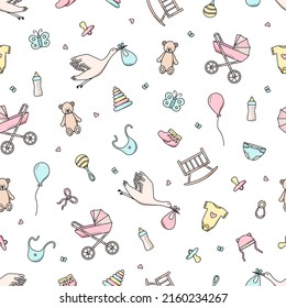 Seamless Pattern Newborn icons set. Vector illustration of elements for a little baby. baby stroller, baby work, rattles and teddy bear and much more,