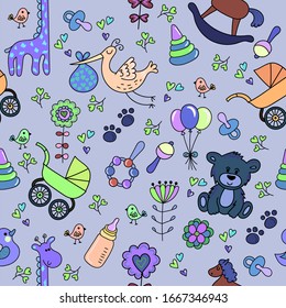 Nahtloses Muster mit neugeborenem Motiv. Spielzeug für Babys. Doodle-Stil. Illustration zur Vektorillustration