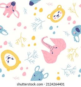 Seamless pattern for newborn underwear design. Portraits of sloth, koala, lion, elephant, giraffe, tiger, zebra. Colorful drawings for the design of children's fabric. Flat vector illustration.