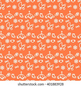 Seamless pattern Newborn. Vector. Pastel colors. Thin line icons of baby items. For fabric, paper, for creativity. 
