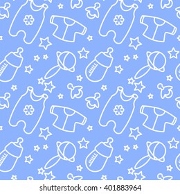 Seamless pattern Newborn. Vector. Pastel colors. Thin line icons of baby items. For fabric, paper, for creativity. 