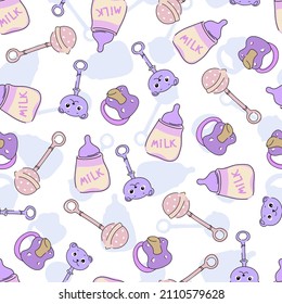 nahtloses Muster für Neugeborene. Vektorgrafik im Doodle-Stil für den Druck auf Stoff für Kinderunterwäsche.
