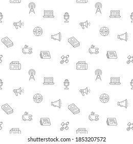 Seamless pattern with news, journalism, camera, newspaper, news van, microphone, TV tower, satellite, reporting, media, communication And Other Elements. simple color icons on white background.