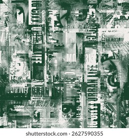 Seamless pattern with newspaper headlines, cityscapes. Hand - drawn background with grange city life theme. Wallpaper, wrapping paper, fabric, t-shirt design. No ai used