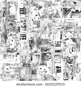 Patrón sin fisuras con titulares de periódicos, paisajes urbanos. Mano - fondo dibujado con tema de vida de la ciudad grunge. Fondo de pantalla, papel de embalaje, tela, diseño de la camiseta. No se utiliza ayuda
