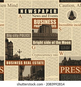Seamless pattern with newspaper or magazine pages in retro style. Vector repeating background with headlines, illustrations and imitation of text. Suitable for wallpaper, wrapping paper, fabric design