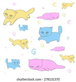 Seamless pattern with nice cartoon cats in light colors on white background